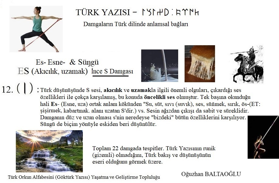 Orhun Alfabesinin Türk Kökeni. İnce R damgası. Es. Esmek, Esnemek, uzamak. 2021. Damgaların Türk Dili'nde biçim - anlam bağı.  Orhun alfabesi, Göktürk alfabesi. Orhun yazıtları, Göktürk Yazıtları. Runik, runic. Açıklamalar.