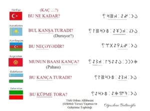 Türk Lehçelerinde "Bu ne kadar?" Göktürkçe, Orhun alfabesi, Göktürk alfabesi, Orhun yazıtları. Runik, runic. Kazakça, Kırgızca, Özbekçe, Tatarca (Kazan Tatarcası), Azerbaycan Türkçesi.