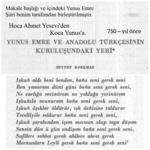 Hoca Ahmet Yesevi'den Yunus Emre'ye aktarılan gelenek. Bana seni gerek seni. Türk Dili Tarihi. Türk Tasavvuf geleneği. Eski Anadolu Türkçesi. Çağatayca. Dil bilimi. Türkoloji.