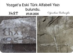 Yozgat'ta bir tarlada bulunan Göktürkçe, Eski Türk Alfabeli yazılı taş. Er bitinç.